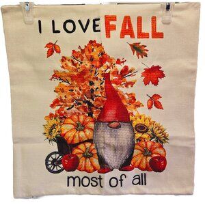 NEW "I LOVE FALL MOST OF ALL" FLORAL GNOME  POLYESTER LINEN PILLOW COVER 18"